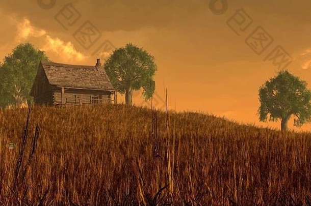 乡村小屋坐在在草覆盖山晚上风暴通过了低太阳反映云