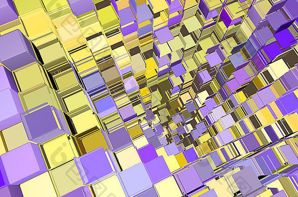 3d抽象碎片立方体图案紫黄色背景