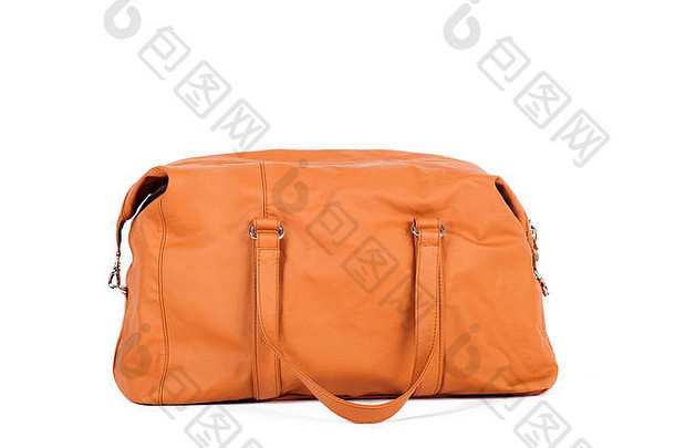 橙色棕色皮包，用于在白色隔离背景下储存物品和旅行。手提箱