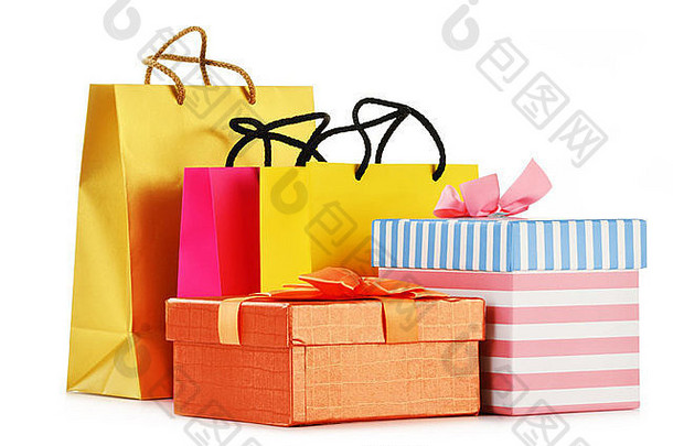 礼物盒子色彩斑斓的礼物袋孤立的白色背景