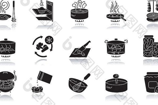 烹饪过程中放置阴影黑色字形图标集。不同的食物制作方法，不同的烹饪技巧。食材及厨房用具