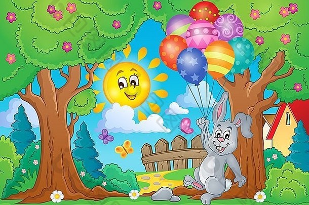 兔和气球<strong>的</strong>春天主题-图片插图。
