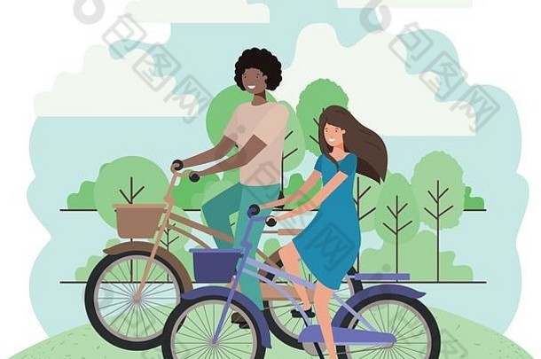 年轻的夫妇自行车字符