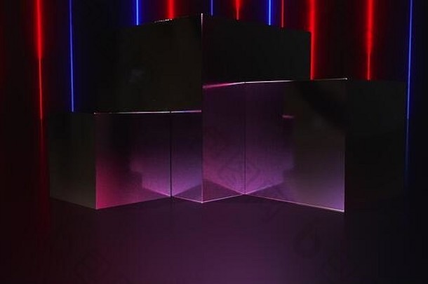 电脑制作了一个基座和一个霓虹灯陈列柜。三维渲染现代背景
