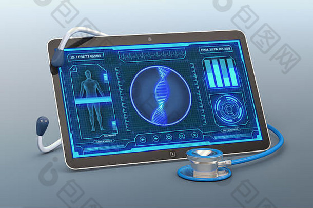 平板电脑，具有医疗和科学用途的未来应用程序界面，人体dna扫描仪（3d渲染）