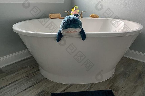 一条毛茸茸的灰色鲨鱼挂在一个白色浴缸的侧面，看起来很凶猛。