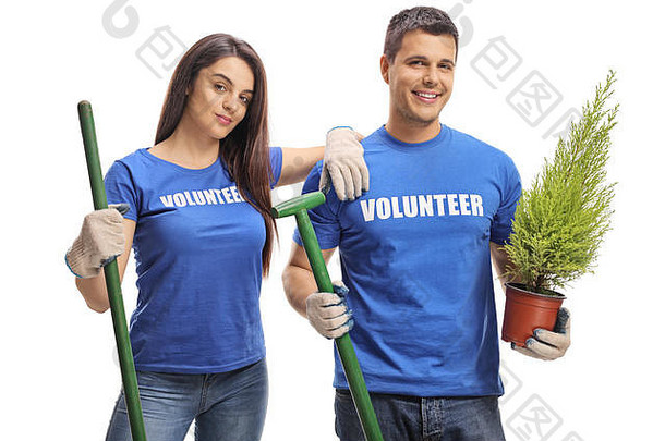 年轻的志愿者工具植物摆姿势孤立的白色背景