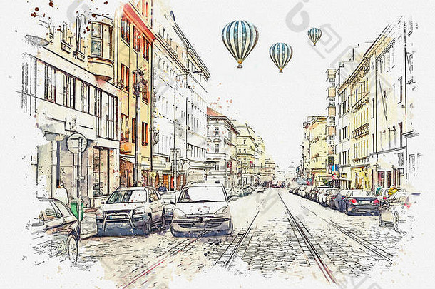 插图或水彩素描。捷克共和国布拉格的一条街道，有着传统的房屋和停放着汽车的道路。热气球在空中飞行。