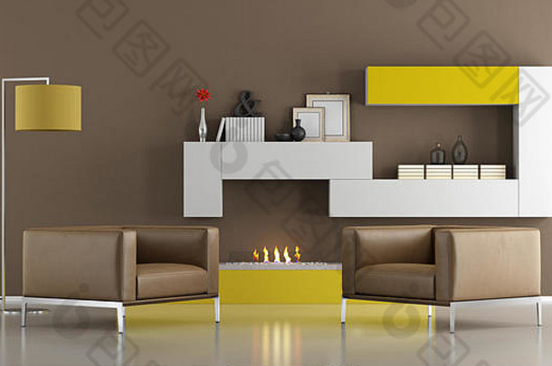 带扶手椅和生态壁炉的现代客厅-3d渲染