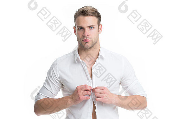 男装正式款式。文书和中链管理。白领工人。男士精心打扮的正式优雅衬衫白色<strong>背景</strong>。帅哥，办公室职员。工作正式着装规范。