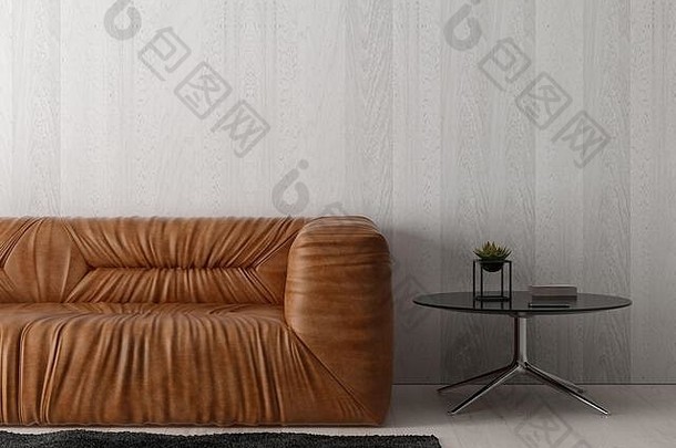 具有沙发3D渲染的现代客厅内部