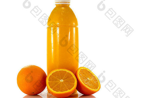瓶装新鲜橙汁，白色隔离液