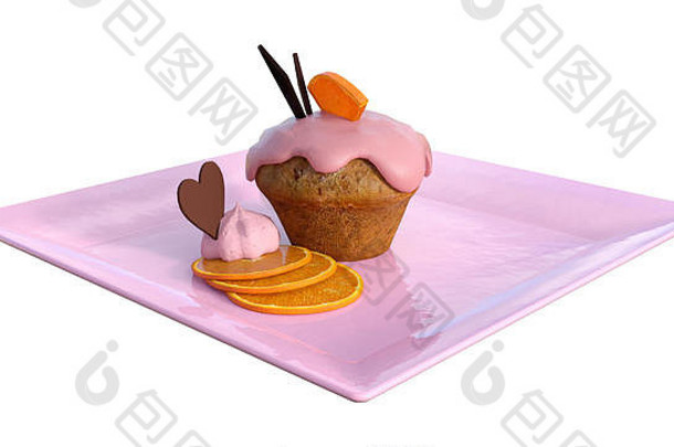 白色背景上隔离的粉红色盘子上的豪华纸杯蛋糕的3D渲染