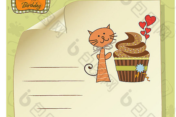 生日贺卡，带纸杯蛋糕和猫