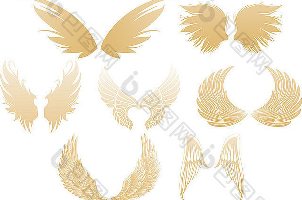 在白色背景上隔离的一组金色闪亮的天使翅膀