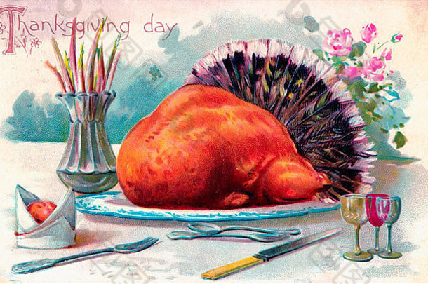 感恩节-餐桌上有火鸡的复古卡片