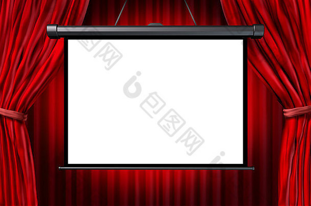 在电影院或剧院的场景中，以开放的红色天鹅绒窗帘作为娱乐符号，背景为白色空白。