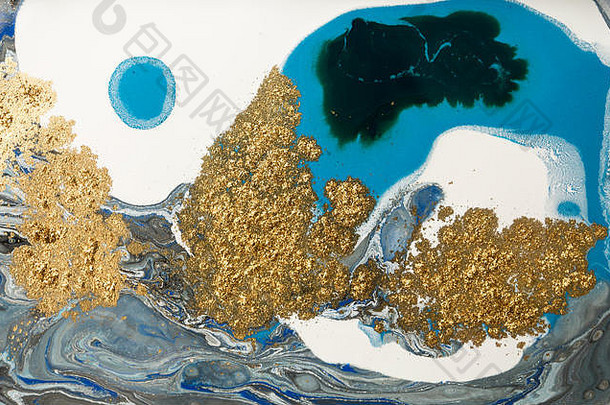 黄金大理石花纹纹理设计蓝色的金大理石模式流体艺术