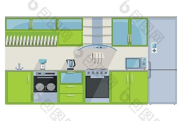 详细的插图完全装备厨房绿色