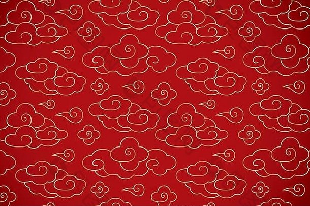 中国人古董云无缝的背景红色的回来金云