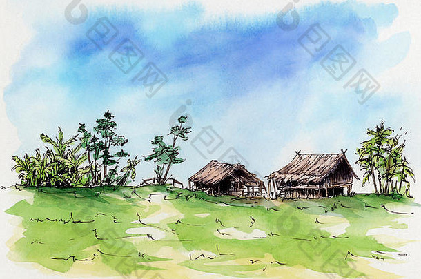 泰国村。松散的草图。纸板上的墨水和水彩画。