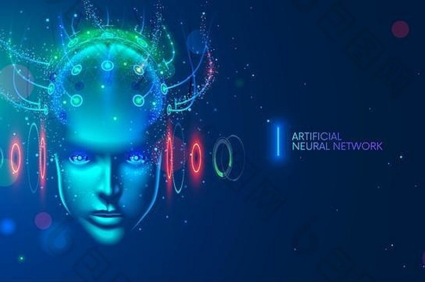 人工智能概念说明。头部、面部与控制数字大脑、神经网络连接到虚拟界面。未来派网络朋克