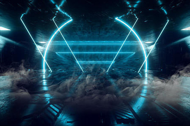 烟雾雾<strong>霓虹灯</strong>发光激光讲台科幻未来派圆形线条蓝色发光光束示意图芯片纹理地板混凝土隧道走廊