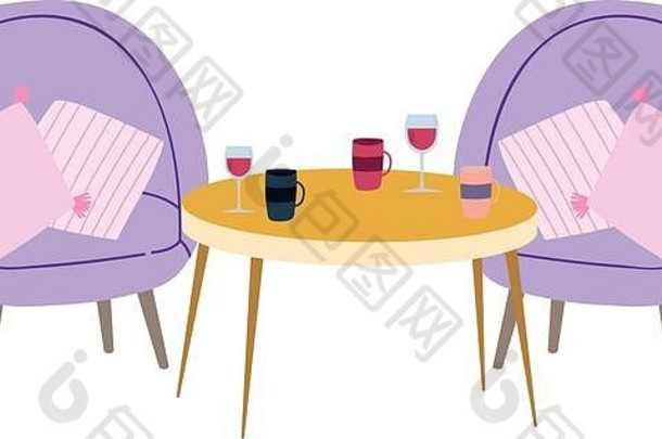 餐厅或咖啡厅坐垫桌，带葡萄酒咖啡杯