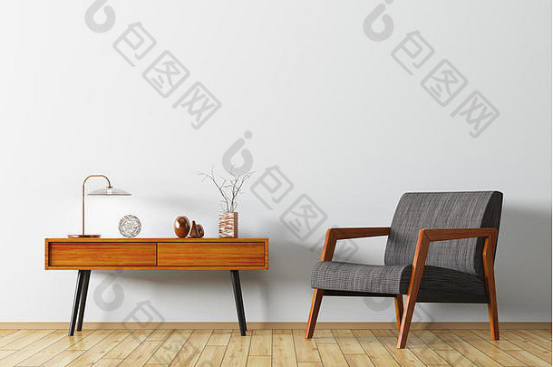 客厅内部背景，带木制侧桌和扶手椅3d渲染