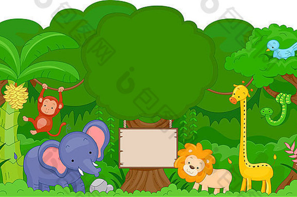 带白板的可爱丛林动物插图