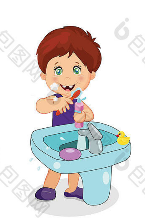 男孩牙齿刷牙蹒跚学步的字符刷牙齿水槽浴室橡胶鸭孤立的白色背景牙刷粘贴手孩子们hyg
