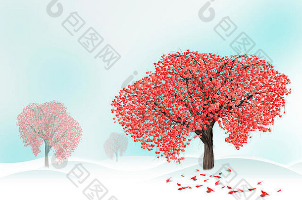 红色的心树冬天假期快乐情人节一天爱概念
