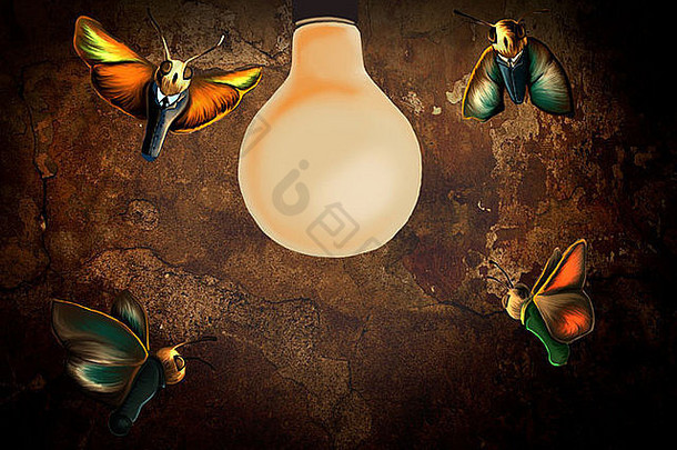 概念上的插图业务昆虫周围光灯泡描绘伙伴关系公司