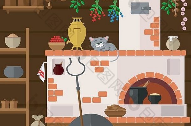 俄罗斯乡村住宅的内部带有俄罗斯炉灶。传统的农舍厨房。快乐的猫在椅子上打瞌睡。