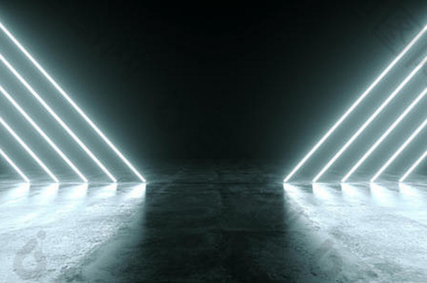 未来主义的sci白色霓虹灯发光的行灯空黑暗房间混凝土地板上反射空空间文本呈现插图