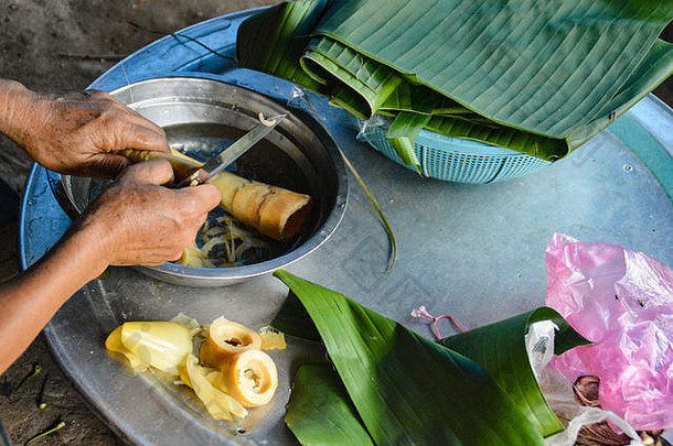 在老挝琅勃拉邦Muang Ngoy村为传统老挝餐准备竹笋