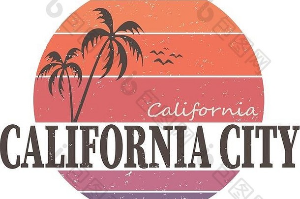 加州城市三通打印风格棕榈树t恤设计图形邮票标签排版