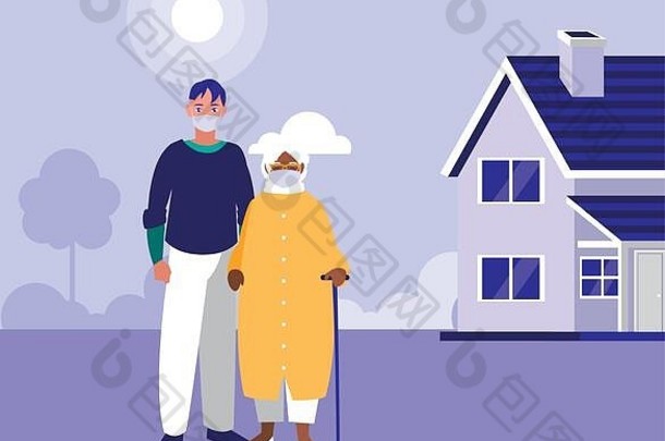 屋外戴着口罩的男人和祖母新冠19型病毒主题载体插图设计