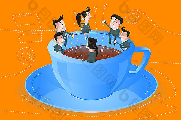 商务人士坐在咖啡杯上代表董事会会议的插图