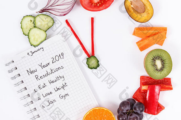 由成熟水果和蔬菜制成的时钟，显示23小时55分钟的时间和2019年的新年计划