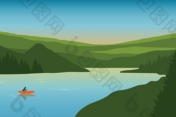 夏季孤独的独木舟探险，湖上有橙色的小船