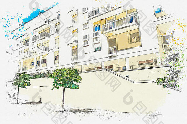 普通现代公寓楼美丽景色的水彩素描或插图