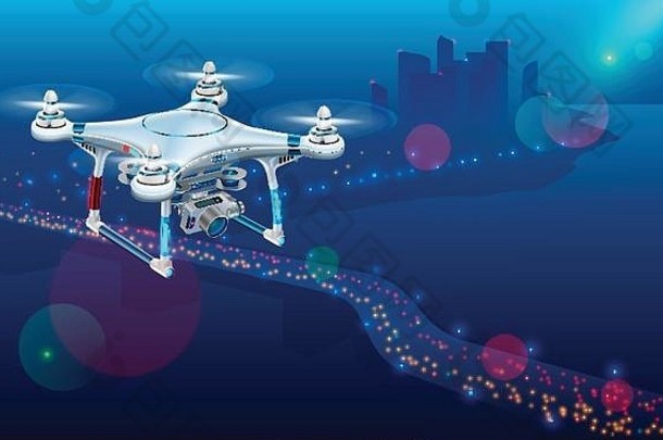 用摄像机在城市道路上空驾驶无人机。无人驾驶飞机系统或无人机监控街道交通或拍摄城市景观