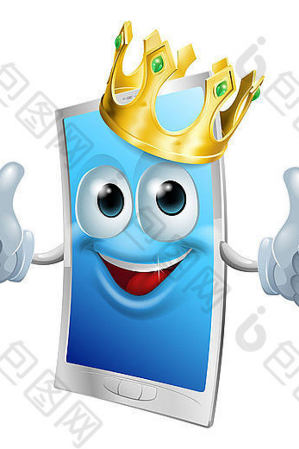 一个戴着金王冠并竖起大拇指的手机大王角色的插图