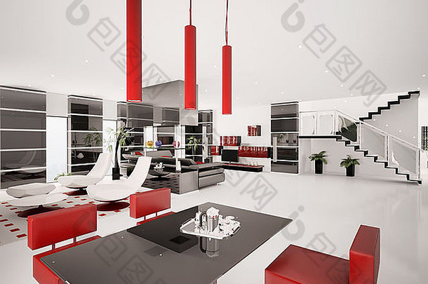 室内现代公寓生活房间餐厅区域渲染