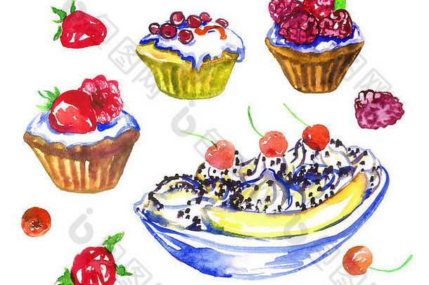 香蕉甜点用樱桃装饰，杯形蛋糕用浆果系列隔离在白色上，手绘水彩插图设计元素