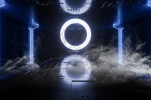 烟sci现代未来主义的霓虹灯灯蓝色的发光混凝土列圆形状技术示意图芯片纹理反光黑暗隧道房间corri
