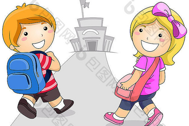 插图中有一对正在上学的小男孩和女孩