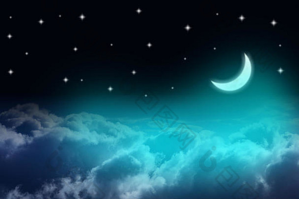 在繁星点点的夜晚，月牙儿在云层上打蜡