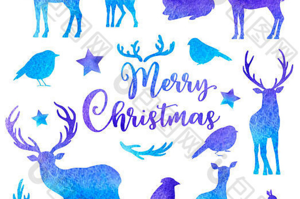 白色背景上的一组水彩鹿和鸟的剪影。冬季圣诞设计包